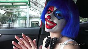 Teen in clown costume gets banged outdoors for cumshot!