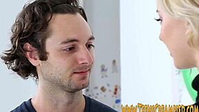 this blonde with small tits is sucking and riding cock so well