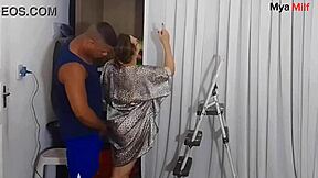 Stepson fucks stepmother on stairs