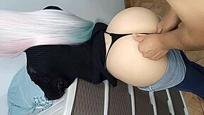 Horny stepdaughter shows big virgin ass in jeans, lifts it for huge thick cock in anal sex