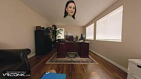 Skinny Violet from Incredibles gets fucked on table in ripped uniform cosplay, her tight pussy riding big cock.