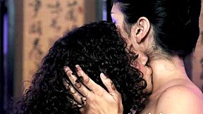 Liv Revamped and Queenie Sateen kiss and lick in sensual lesbian massage