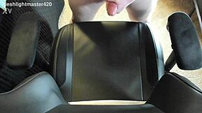 In the bedroom, the redhead teen masturbates her huge cock for a massive cum spray