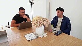 Horny milf rides monster cock in cowgirl and spooning positions with two guys.