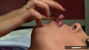 Curvy pornstar shoves glass dildos in shaved ass