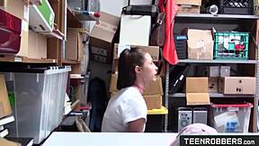 Shaved Teen Shoplifter Punished by Creepy Guard's Fuck