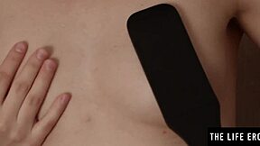 Cute petite blonde subtly spanks her hairy pussy while masturbating with toys