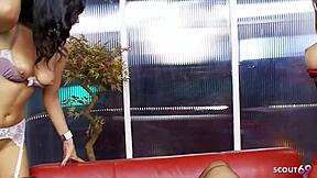 intense fff lesbian threesome with 3 big tits milfs in lingerie using dildo