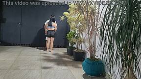 risky sex with neighbor in garage while cuckold bathes