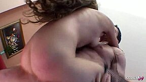 First time threesome for skinny girl with glasses.