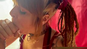 Look at this cute cosplayer drooling on a thick cock