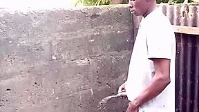 guy demonstrates peeing technique for prostate issues.