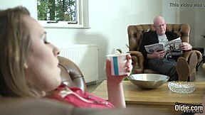 old man fingers his online date's pussy for the first time, making her cum hard while bent over