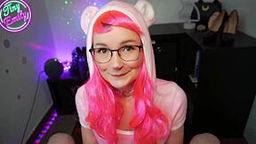 Petite step-sister in cosplay gives suggestive blowjob