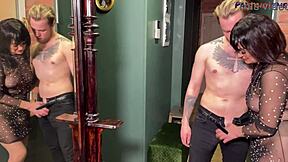 Mature brunette Lola, feeling naughty in sheer pantyhose, fucks young lover doggystyle and cowgirl.