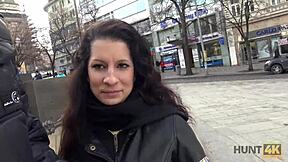 brunette jocelyne fucks shaved pussy for cash in german pov.