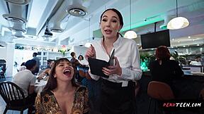 Sneaky waitress fucks me in restaurant, but we get caught?