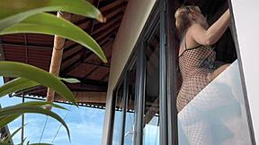 Hot babe in fishnets gets intense doggystyle quickie recorded