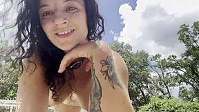 I flash my pierced pussy bush outdoors as daddy's girl