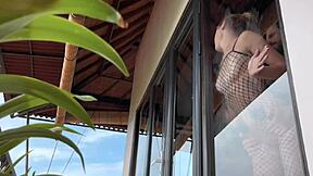 Hot babe in fishnets gets intense doggystyle quickie recorded