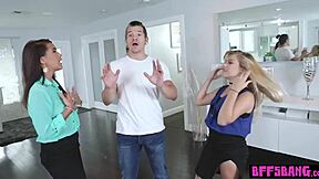 blindfolded bookworm teen gets surprised by a big cock in the group