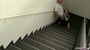 hey german teen, what are you doing in the staircase with two guys?