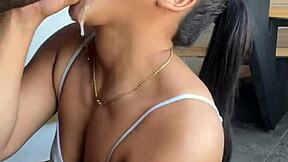 amateur couple where brunette gets huge cock in mouth with ball licking and deepthroat