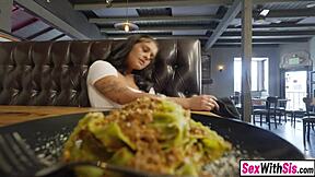 Petite pierced teen stepsis fucks monster cock stepbro at restaurant