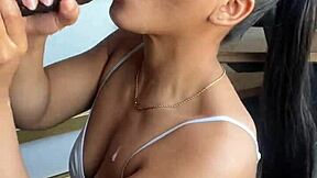 amateur couple where brunette gets huge cock in mouth with ball licking and deepthroat