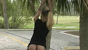 Mindy flashes her small tits outdoors for monster cock