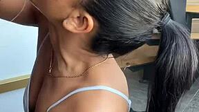 amateur couple where brunette gets huge cock in mouth with ball licking and deepthroat