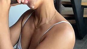 amateur couple where brunette gets huge cock in mouth with ball licking and deepthroat