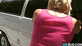 Lexi swallows while fucking and sucking on the bus