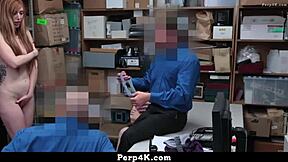 Red hair BABES caught for suspected petty THEFT face group punishment in SHOP office.