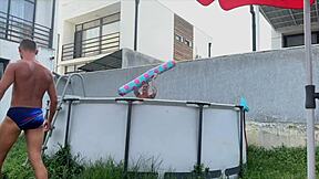 Intense session fucking friend's lustful wife after pool party with creamy pussy cumshot