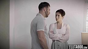 Big boobs MILF nurse bangs the paralyzed patient's husband right on her bed! 😏