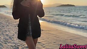 Latina teases on beach shows pussy gets creampied