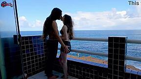 Having Fun On The Terrace In Front Of The Ocean! Amateur Teen Babe With Big Ass And Tits Gives Handjob And Flashing In Public!