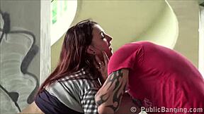 Young cute teen 18+ skinny chick gets banged in public gangbang orgy threesome with doggystyle and blowjob.