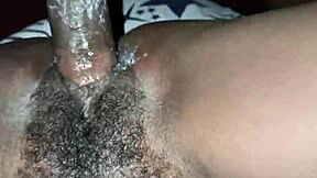 fucking a sexy petite 18+ ebony chic with her hairy wet pussy taking big cock