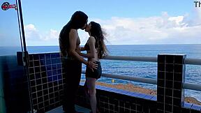 Having Fun On The Terrace In Front Of The Ocean! Amateur Teen Babe With Big Ass And Tits Gives Handjob And Flashing In Public!