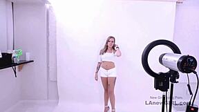 Captivating sexy brunette teen gets fucked during her modeling audition on the sofa