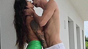 Come watch me fuck Tommy Cabrio on the balcony with neighbors staring! Muscular bodybuilder with fake tits orgasms outdoors.