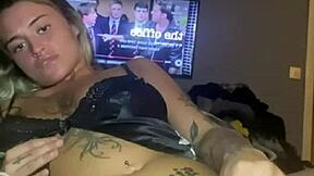 Horny goth slut bends over to fuck her tight ass with big tits bouncing.