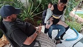 shy stepsister loses her virginity to stepbrother in the bedroom while his friend masturbates outside in the garden