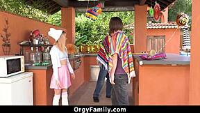 Petite 18+ stepsister gets FUCKED hard in orgy while stepdad is blindfolded by uncle.