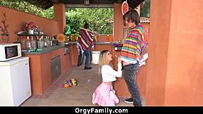 Petite 18+ stepsister gets FUCKED hard in orgy while stepdad is blindfolded by uncle.