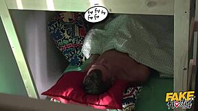 oh man, in the fake hostel dorm, these students share a throbbing cock that pumps cum into her wet mouth during wild group ride