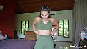 horny brazilian beauty masturbates in yoga pants with dirty talk and close up spreading in homemade solo