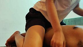 Stepdaughter teases stepfather in bedroom. She rides his big cock roughly until quick orgasm.